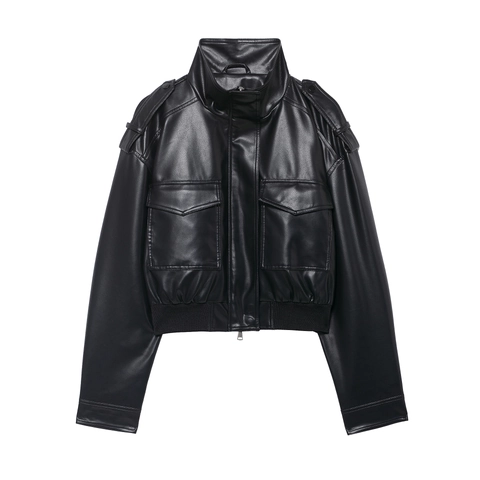 Giacca In Ecopelle Da Donna Giubbotto Moto PU Collo Alto Cerniera Streetwear Vestibilità Ampia Con Grandi Tasche