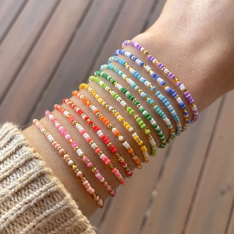Handmade Colorful Seed Bead Bracelet Bohemian Summer Beach Glass Bead Jewelry Minimalist Stretch Bangle Gift For Women