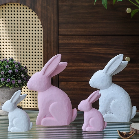 Wood Rabbit Figurine Minimalist Morandi Color Bunny Ornament Modern Nordic Desktop Sculpture Home Office Shelf Decor