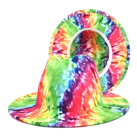 Cappello Fedora Tie-Dye A Tesa Larga In Feltro Di Lana Colorato Berretto Jazz Protezione Solare Viaggio Moda Per Uomo E Donna