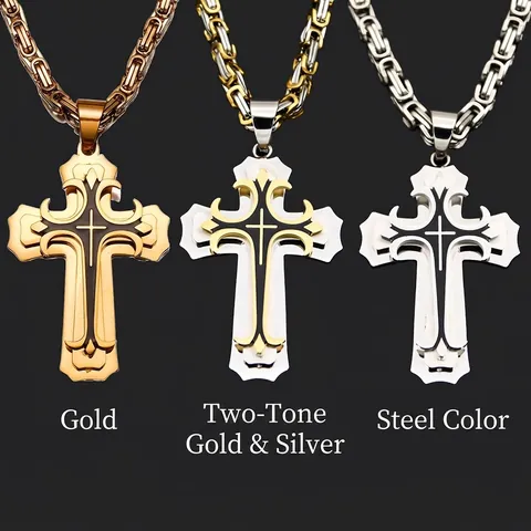 Collar Con Colgante De Cruz Gótica Acero Inoxidable Cadena Bizantina Joyería Religiosa Doble Capa Hombre