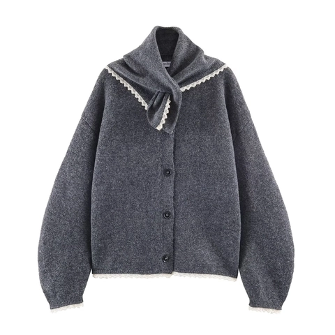 Strickjacke Damen Marinekragen Spitze Patchwork Schleife Langarm Einreihig Acryl Polyester Süß Vintage Grau