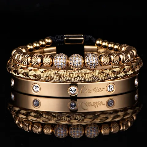 Bracciali Uomo Lusso Acciaio Inossidabile Rame Zirconia Cubica Pavé Sfera Intrecciata Numeri Romani Gioielli Moda