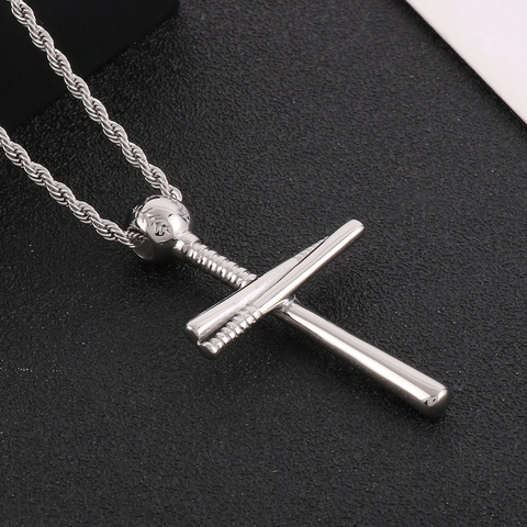 Collar Con Colgante De Cruz De Bate De Béisbol Acero Inoxidable Joyería Deportiva Hip Hop Para Hombre Con Cadena De Cuerda