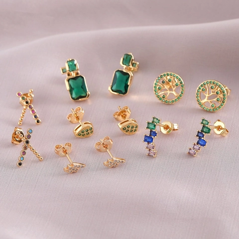 Geometric Stud Earrings Gold Plated Copper Cubic Zirconia With 925 Sterling Silver Earring Post Women Vintage Style