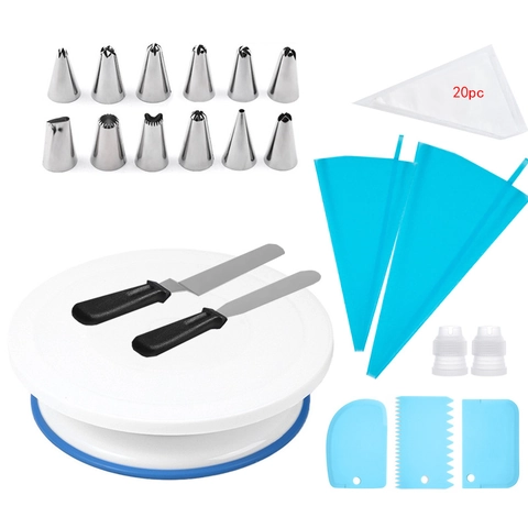 Cake Decorating Kit Stainless Steel Piping Tips Silicone Bags Turntable Spatula Scrapers DIY Baking Tools Professional