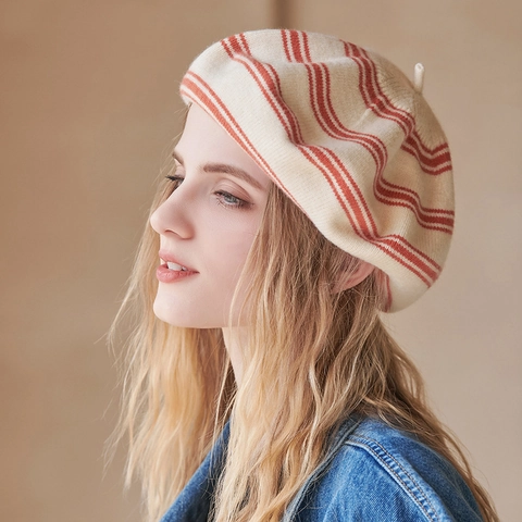 French Style Striped Wool Beret For Women Winter Warm Knitted Beanie Hat Elegant Vintage Painter Hat Contrast Color Cap