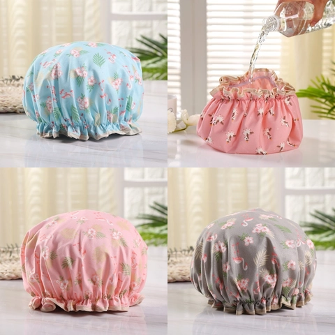 Double Layer Waterproof Shower Cap PEVA Polyester Hair Bathing Hat With Elastic Band Cartoon Prints For Women Girls