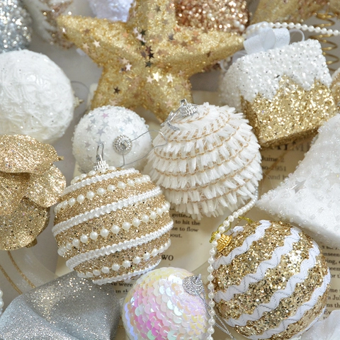 Champagne Gold White Christmas Tree Ornaments Sparkling Plastic Foam Glitter Sequins Artificial Pearls Stars Balls Bells Decor
