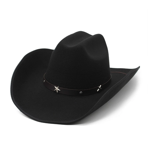 Westerse Cowboyhoed Wollen Vilt Brede Rand Jazz Fedora Met Sternieten Leren Band Retro Outdoor Heren Dames