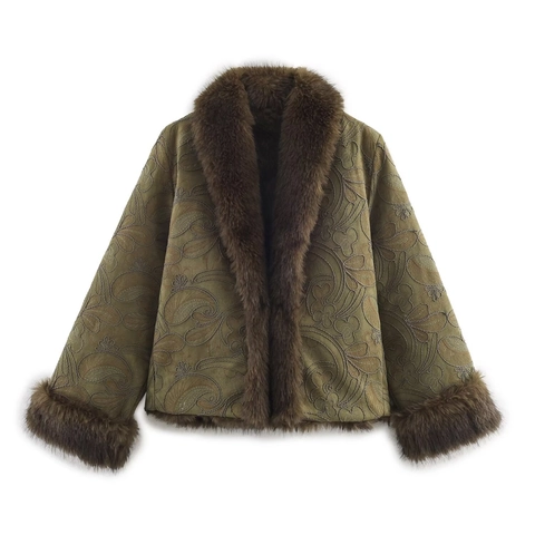 Giacca Corta Ricamata Da Donna In Ecopelliccia Cappotto Scamosciato Vintage Paisley Verde Oliva