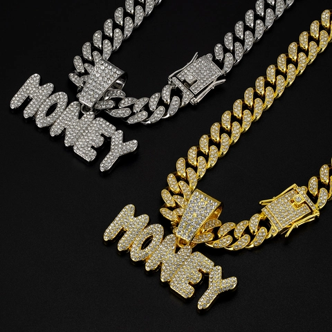 Hip Hop Money Letter Pendant Necklace Alloy Iced Out Rhinestone Cuban Link Chain Streetwear For Men Jewelry