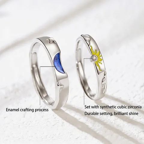Sun Moon Couple Rings Copper Enamel Cubic Zirconia Adjustable Open Ring Lovers Gift Trendy Jewelry