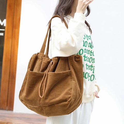 Retro Corduroy Schultertasche Große Kapazität Kordelzug Tote Handtasche Mit Taschen Japanischen Stil Casual Damen Achseltasche