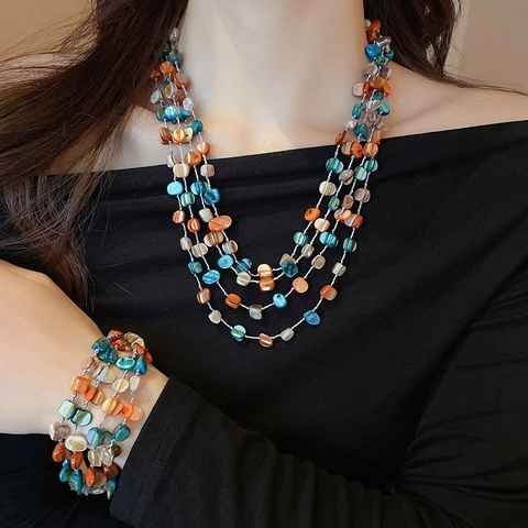 Conjunto De Collar Pulsera Bohemio Multicapa Cuentas De Concha Naturales Geométrico Irregular Joyas Coloridas Para Mujer
