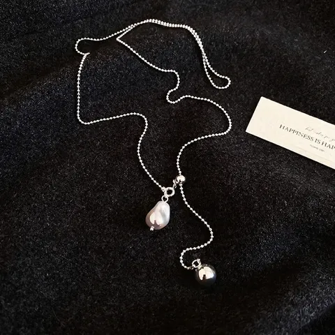 Collar De Lazo De Imitación De Perla Barroca Artificial Cobre Plateado En Forma De Y Cadena Larga De Bolas Joyería Elegante Para Mujer