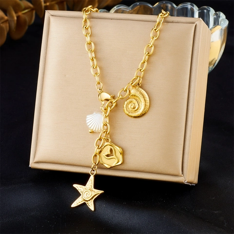 Collar De Acero Inoxidable Chapado En Oro Tema Océano Con Colgantes Estrella De Mar Concha Y Corazón Para Mujer