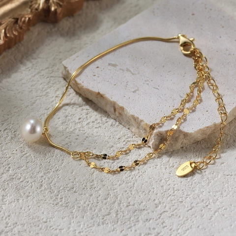 Bracelet Multi Rangs En Argent Fin 925 Avec Perle D'eau Douce Chaîne À Paillettes Dorée Bijoux Pour Femmes