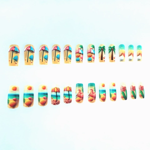 Long Square Press On Nails Summer Beach Theme 3D Embossed Fake Nails Palm Tree Shell Decor For Women