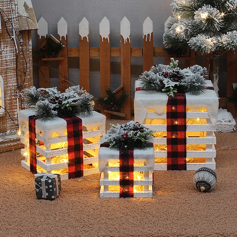 Juego de 3 Cajas de Regalo de Navidad de Madera Blanca Con Lazo de Cuadros de Búfalo Piñas Nieve Adorno Decoración Hogar