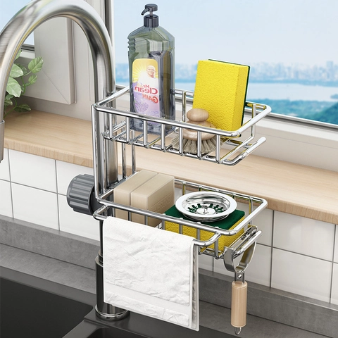 Stainless Steel Faucet Storage Rack Kitchen Sink Drainer Sponge Soap Holder Adjustable Hanging Organizer Towel Bar Hooks