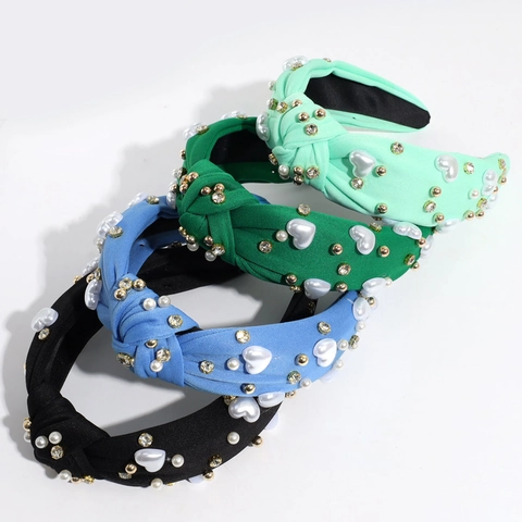 Knotted Wide Headband Fabric With Heart Faux Artificial Pearl Rhinestone Decoration Non-Slip Elegant Hair Accessories For Women