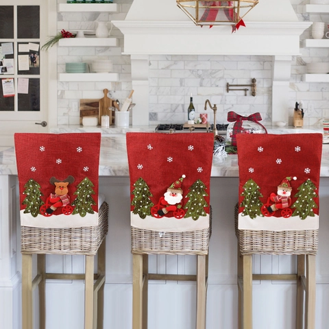 Christmas Chair Back Covers Faux Linen Santa Claus Reindeer Snowman Dining Room Party Home Festive Decoration