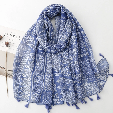 Long Paisley Floral Print Scarf Shawl Polyester Voile Cotton Linen Feel Bohemian Ethnic Wrap With Tassels