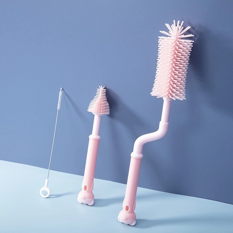 Siliconen Babyflesborstel Speenreiniger Rietje Reinigingshulpmiddel Roterende Lange Handgreep Bekerborstel Roze Blauw