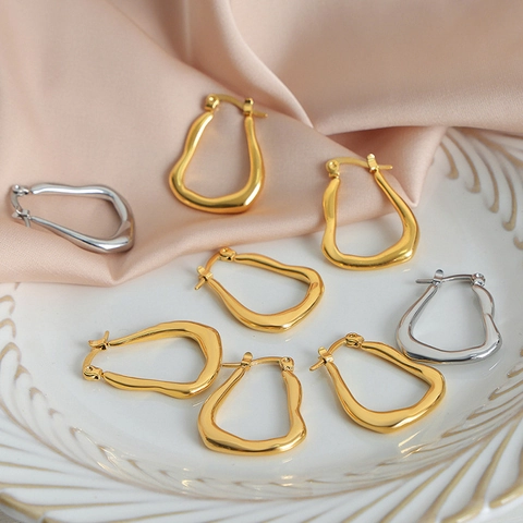 Boucles D'oreilles Créoles Géométriques Irrégulières Acier Titane Plaqué Or 18K Ne Se Décolore Pas Bijoux Modernes Femmes