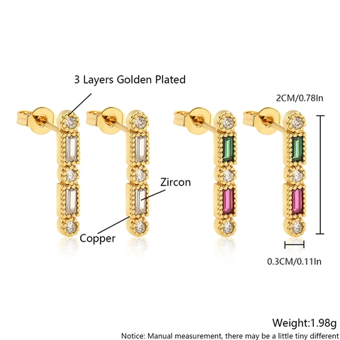 Geometric Bar Stud Earrings Colorful Zircon Copper Jewelry With 925 Sterling Silver Earring Post Rectangular Fashion Women