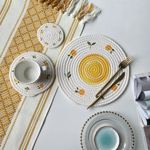 Round Woven Cotton Rope Placemats Heat Insulated Coasters For Dining Table Boho Fruit Floral Printed Plate Pads Pot Mats