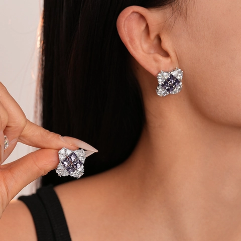 Geometric Square Stud Earrings Purple Cubic Zirconia Elegant Jewelry With 925 Sterling Silver Earring Post For Women