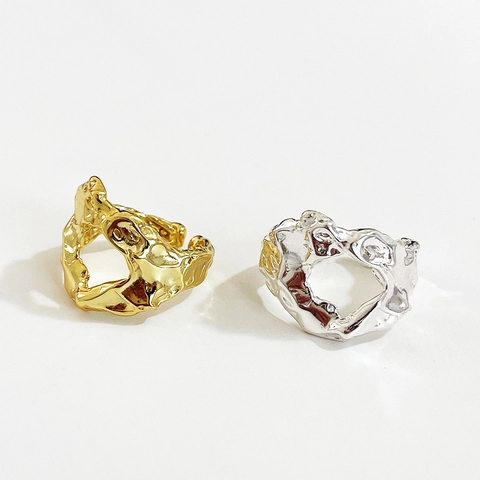 925 Sterling Silver Ring Irregular Lava Texture Hollow Liquid Metal Open Adjustable French Niche Style For Women