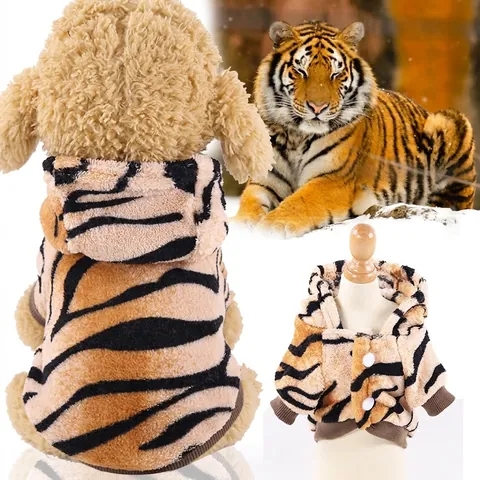 Tiger Print Pet Hoodie Flannel Thickened Costume Hooded Coat With Buttons For Dogs And Cats Winter Warm Apparel