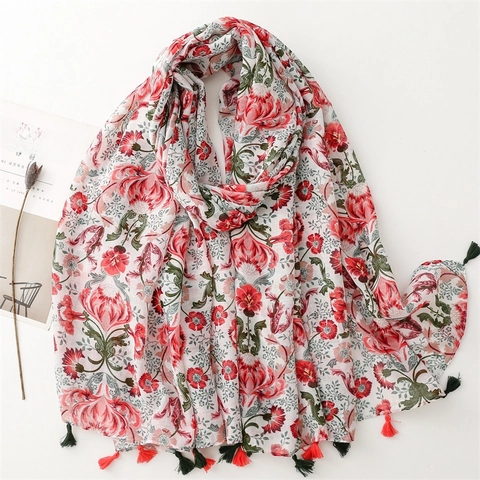 Sciarpa Scialle Con Stampa Floreale Poliestere Voile Sensazione Cotone Lino Sottile Traspirante Nappa Stile Boho Donne