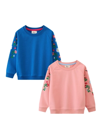 Sweat-shirt En Coton Pour Fillettes Pull À Manches Longues Col Rond Broderie Florale Poignets Nervurés Haut Décontracté