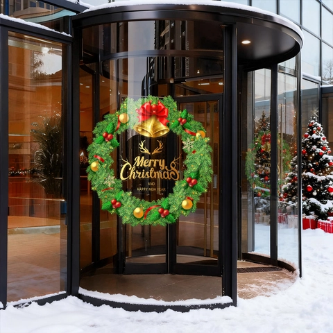 Christmas Wreath Window Sticker Static Cling PVC Reusable Glass Decal Festive Holiday Home Shop Decoration