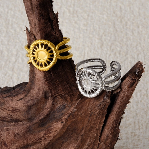 Vintage Zon Patroon Open Ring Vrouwen 18K Verguld 304 Roestvrij Staal Boheems Meerlagig Verstelbare Vingering