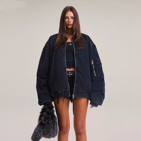 Giacca Bomber Retrò In Cotone Lavato Oversize Streetwear Vintage Manica Lunga Vestibilità Comoda Full Zip Da Donna
