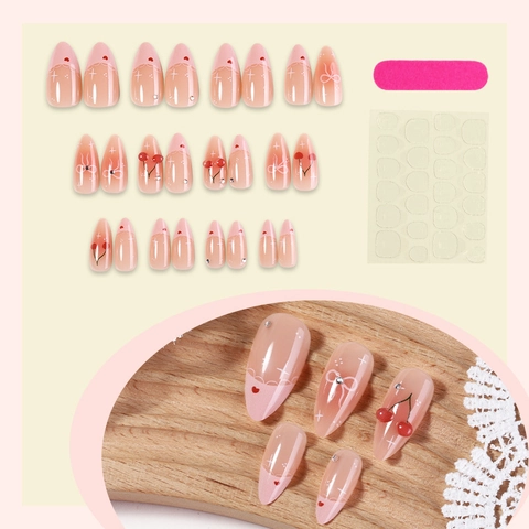 Uñas Postizas Rosa Degradado Cereza 3D Lazo Francés Diamantes De Imitación Forma Almendra Manicura DIY Elegantes Mujeres
