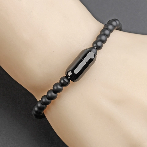 Men Beaded Bracelet Matte Black Stone With Stainless Steel Capsule Clasp Minimalist Industrial Style Fashion Jewelry
