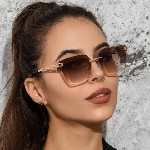 Lunettes De Soleil Sans Monture Mode Femme Branches Chaîne En Métal Verres Dégradés Protection UV Voyage Tendance