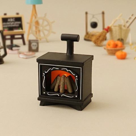 Miniature Dollhouse Fireplace Model LED Glowing Furniture Vintage DIY Scene Decor Black Plastic Toy Accessory