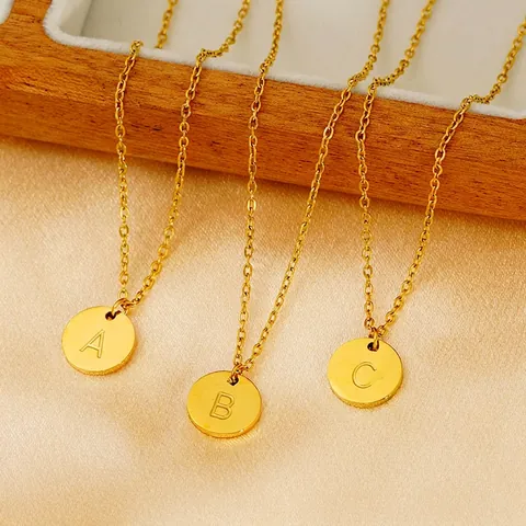 Minimalist Initial Letter Pendant Necklace 18K Gold Plated Stainless Steel Round Coin Alphabet Jewelry For Women Girls