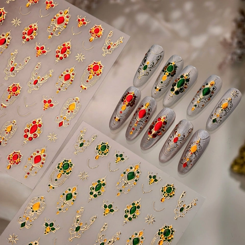 Stickers Nail Art Relief 3D Vintage Baroque Feuille Or Motif Pierre Précieuse Fleur Étoile Décoration Manucure Femmes