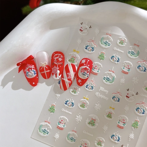 Christmas Nail Art Stickers 5D Embossed Snowman Elk Snowflake Designs DIY Manicure Decoration For Winter Holiday Women