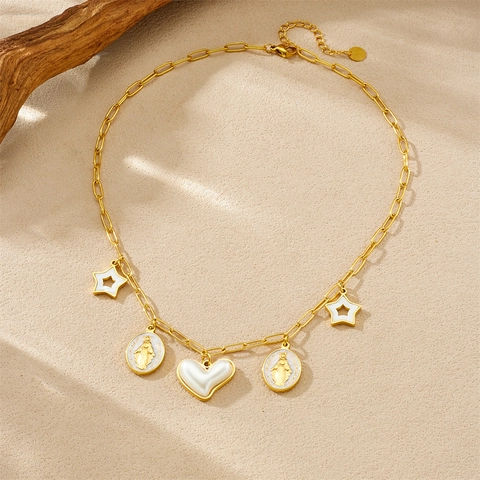 Collar De Acero Inoxidable Chapado En Oro Estilo Vintage Francés Con Colgantes De Corazón Estrella Y Medallón Virgen María