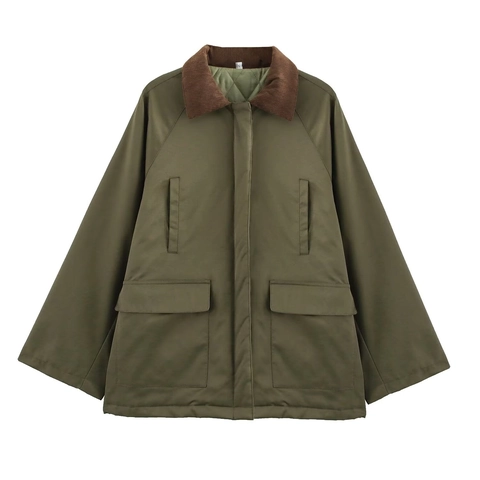 Giacca Vintage Da Donna Con Colletto In Velluto A Coste Fodera Trapuntata Spessa Cappotto Largo Verde Militare Con Cerniera