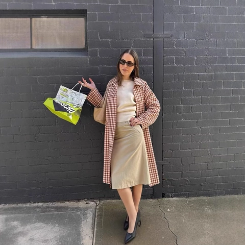 Women Long Trench Coat Plaid Check Pattern Lapel Single Breasted Vintage Loose Casual Polyester Outerwear Elegant Overcoat
